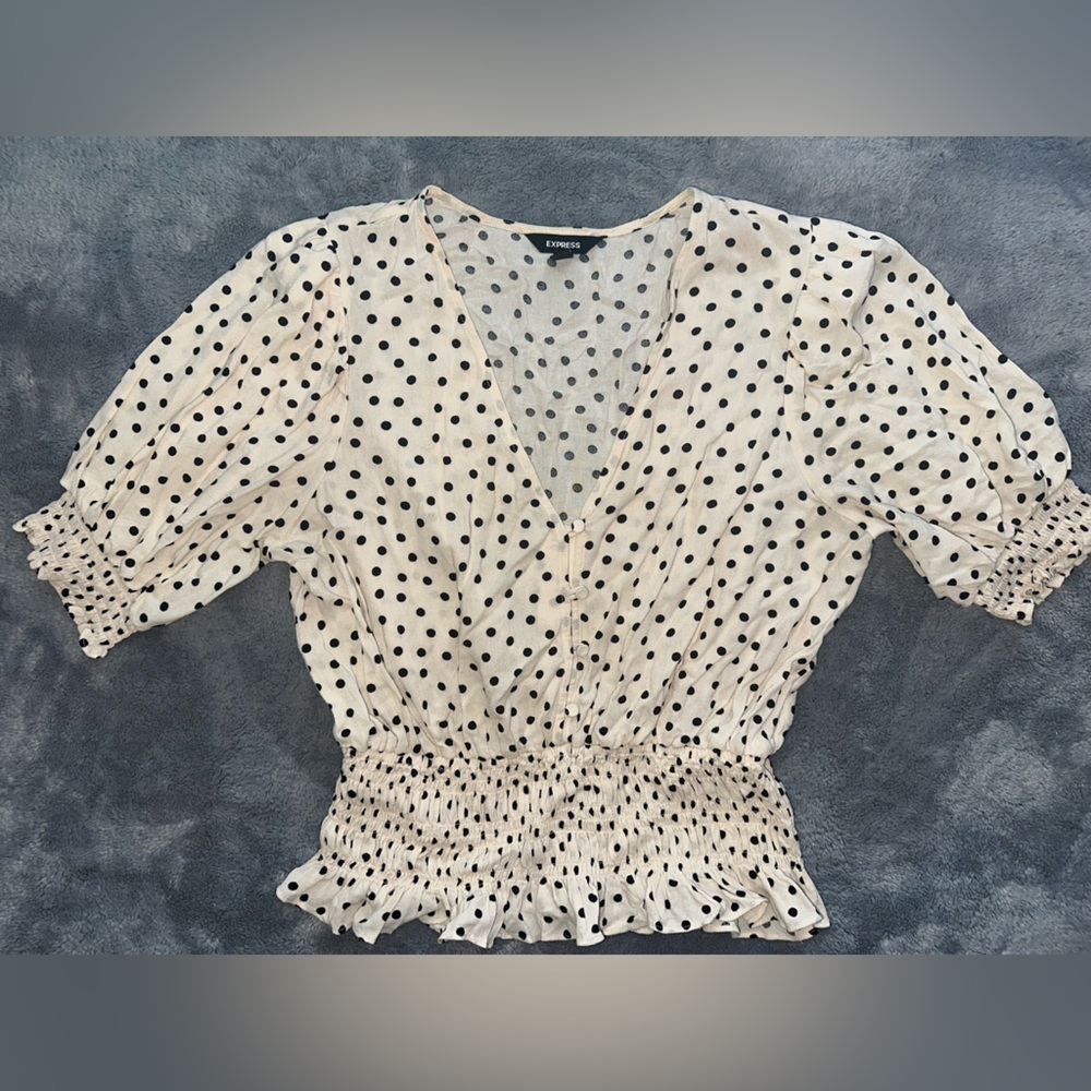Express Polka Dot Blouse with Smocked Waist